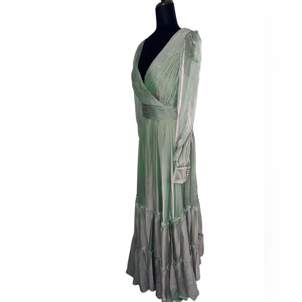 Mac Duggal FAUX WRAP ILLUSION BISHOP SLEEVE TIERED GOWN Sage NWT - Picture 10 of 16